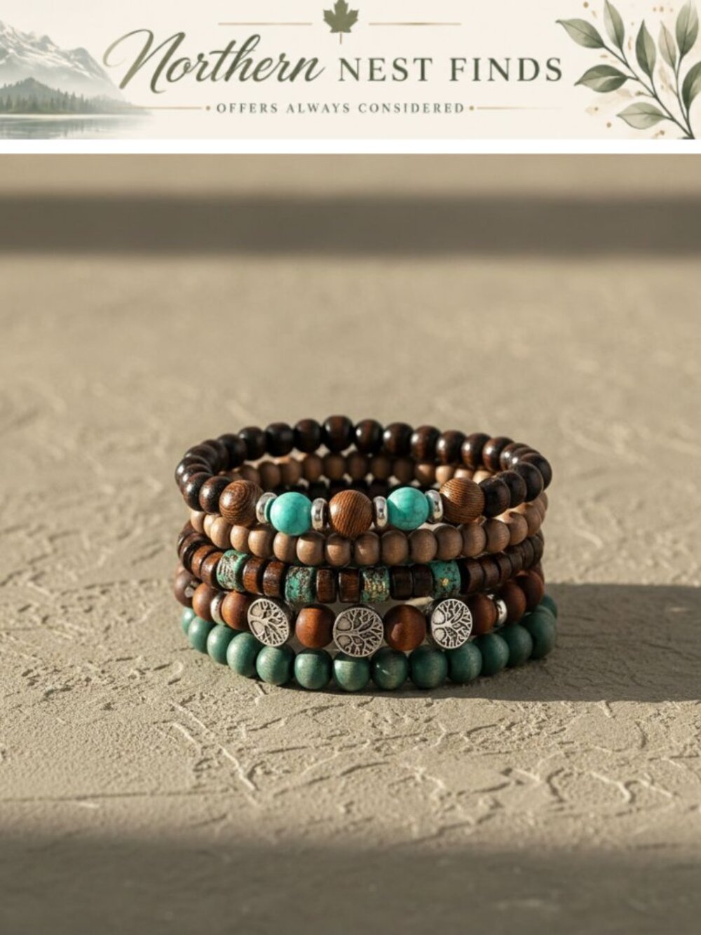 5PC Boho Stackable Wood & Alloy Bracelets Tree of Life